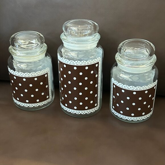 Vintage Anchor Hocking Glass Jars Containers Polka Dots & Lace Set of 3 - Picture 4 of 14